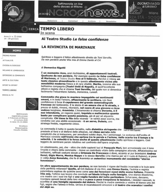 1998 : Le false confidenze (Toni Servillo), Revue de presse (Reprise 2005-2007)