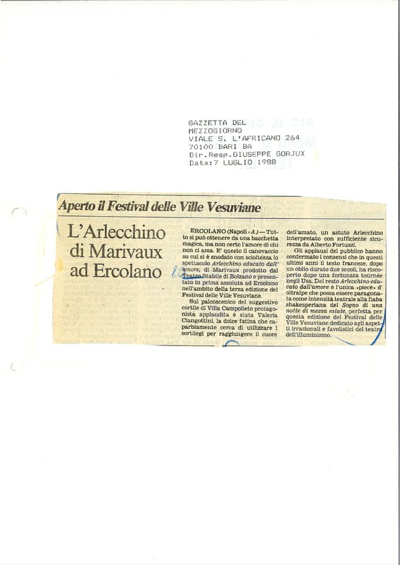 1988 : Arlecchino educato dall’amore (Marco Bernardi) revue de presse