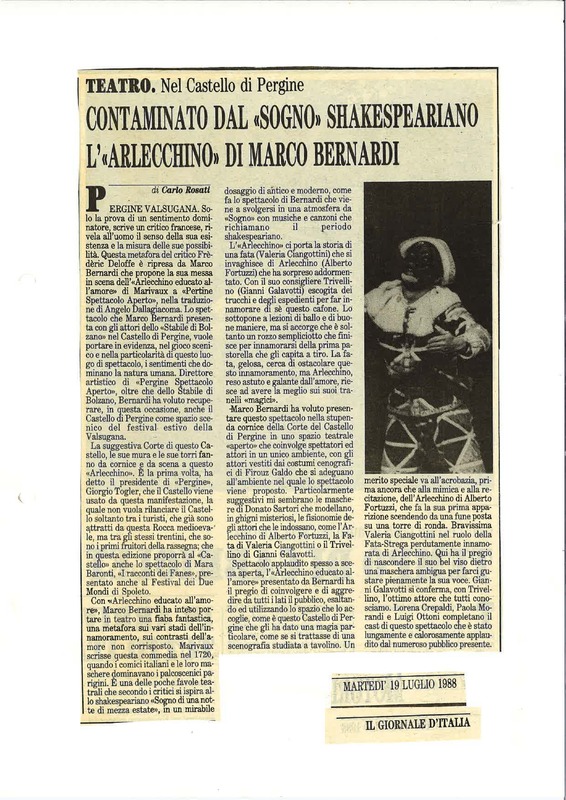 1988 : Arlecchino educato dall’amore (Marco Bernardi) revue de presse (reprises)