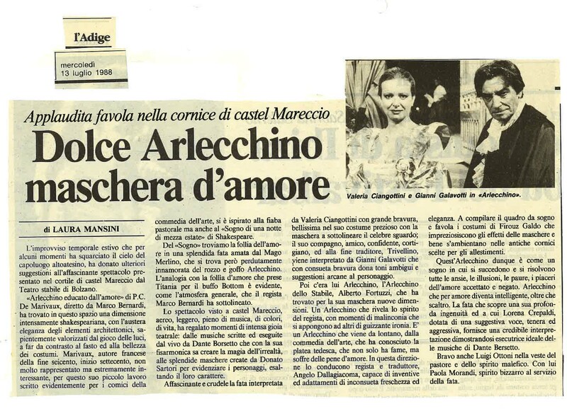 1988 : Arlecchino educato dall’amore (Marco Bernardi) revue de presse (reprises)