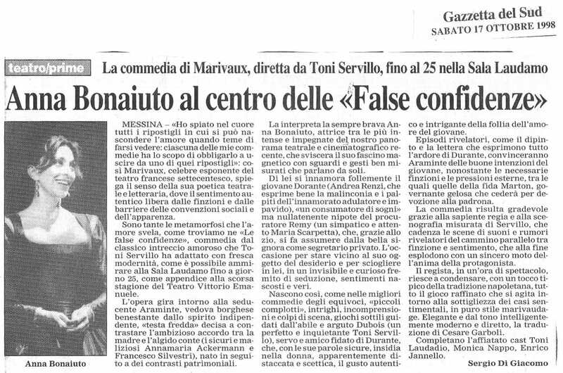 1998 : Le false confidenze (Toni Servillo), Revue de presse