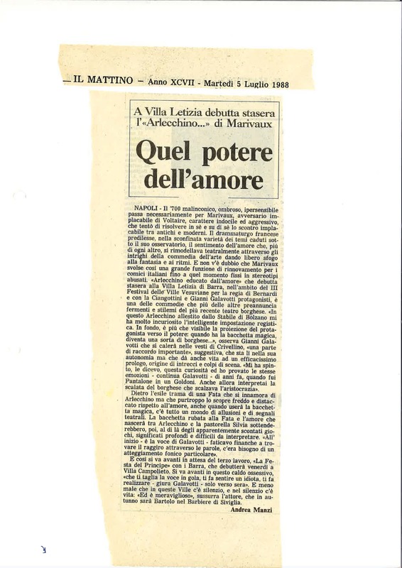 1988 : Arlecchino educato dall’amore (Marco Bernardi) revue de presse
