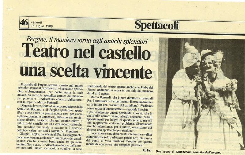 1988 : Arlecchino educato dall’amore (Marco Bernardi) revue de presse (reprises)