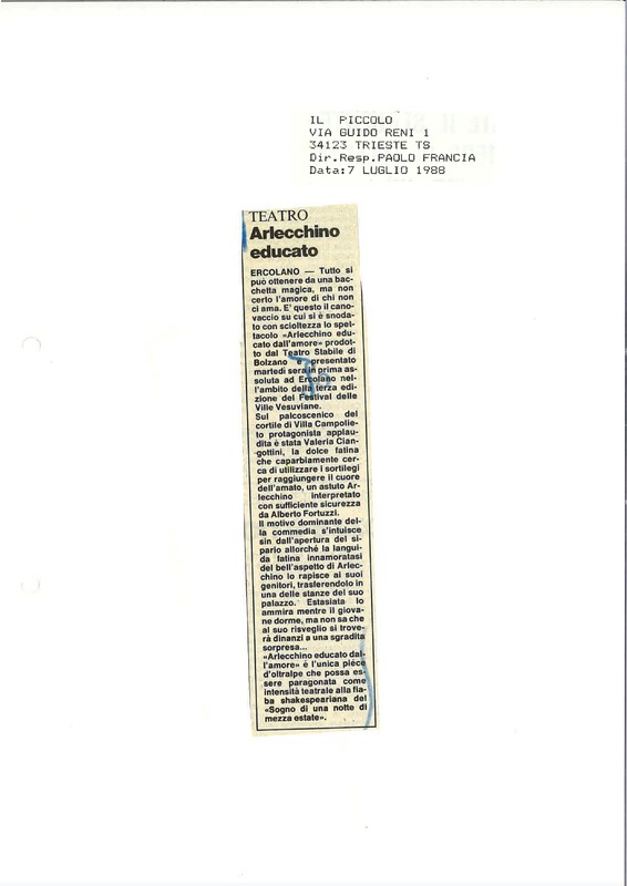 1988 : Arlecchino educato dall’amore (Marco Bernardi) revue de presse