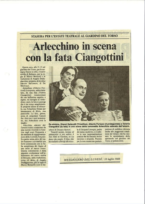 1988 : Arlecchino educato dall’amore (Marco Bernardi) revue de presse (reprises)