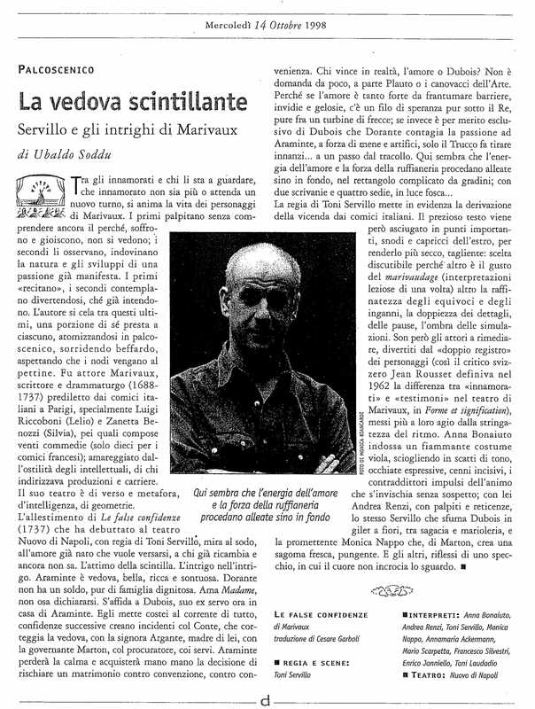 1998 : Le false confidenze (Toni Servillo), Revue de presse