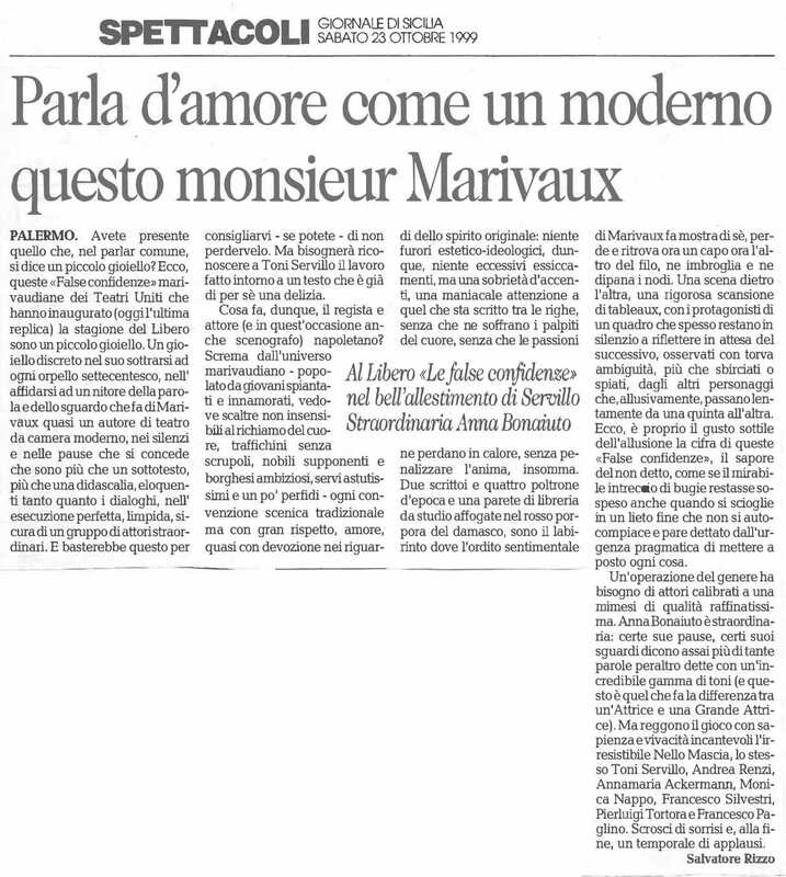 1998 : Le false confidenze (Toni Servillo), Revue de presse