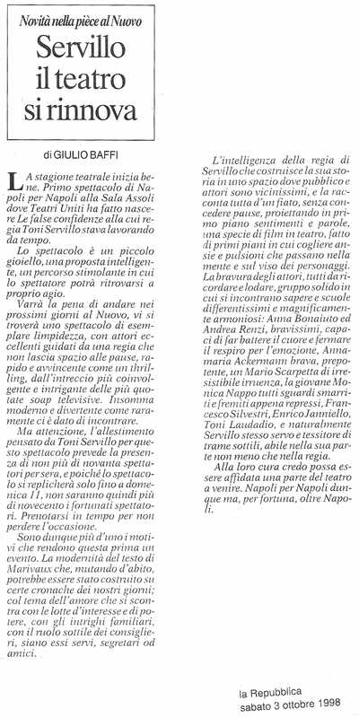 1998 : Le false confidenze (Toni Servillo), Revue de presse