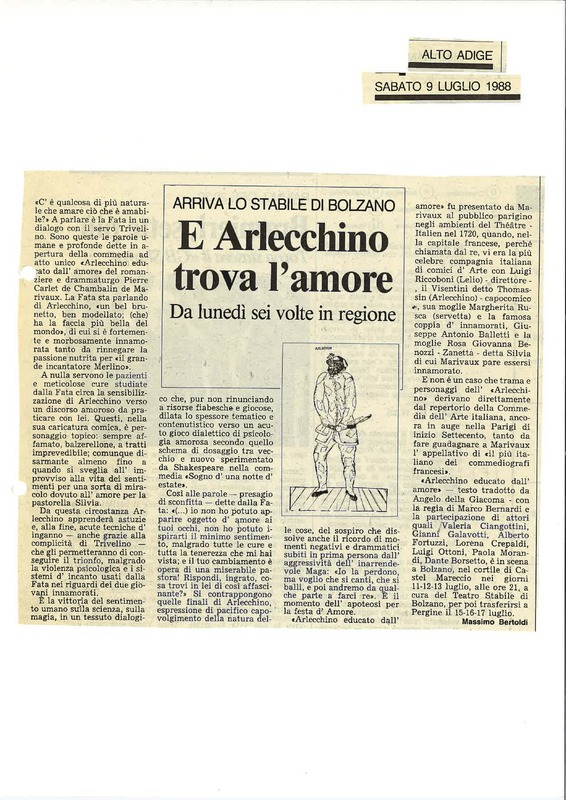1988 : Arlecchino educato dall’amore (Marco Bernardi) revue de presse (reprises)