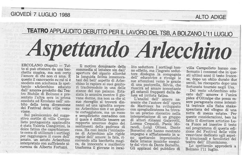 1988 : Arlecchino educato dall’amore (Marco Bernardi) revue de presse