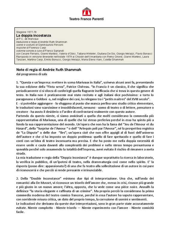 1978 : La doppia incostanza (Andrée Ruth Shammah) notes de mise en scène