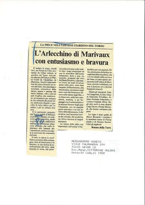 1988 : Arlecchino educato dall’amore (Marco Bernardi) revue de presse (reprises)