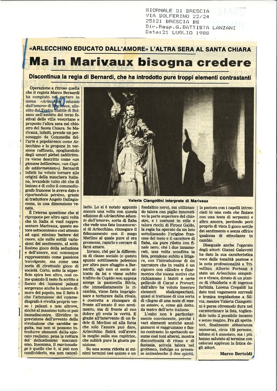 1988 : Arlecchino educato dall’amore (Marco Bernardi) revue de presse (reprises)