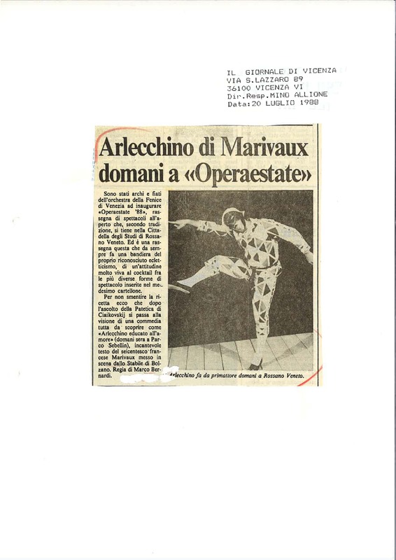 1988 : Arlecchino educato dall’amore (Marco Bernardi) revue de presse (reprises)