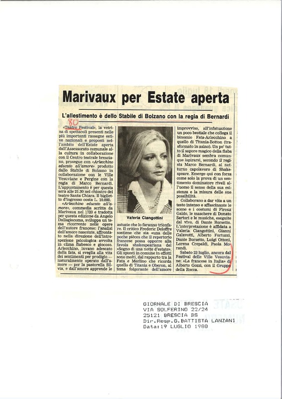 1988 : Arlecchino educato dall’amore (Marco Bernardi) revue de presse (reprises)