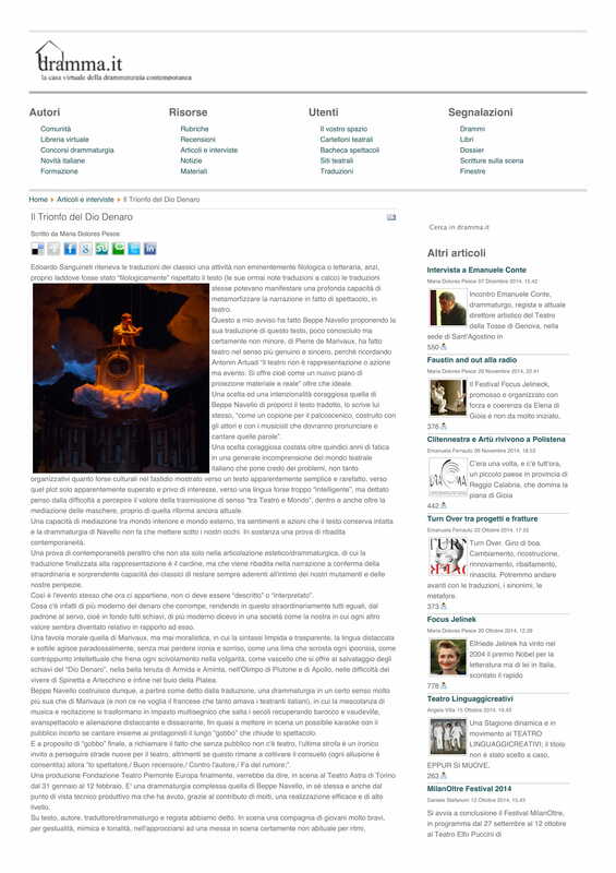 2015 : Il trionfo del dio denaro, Revue de presse