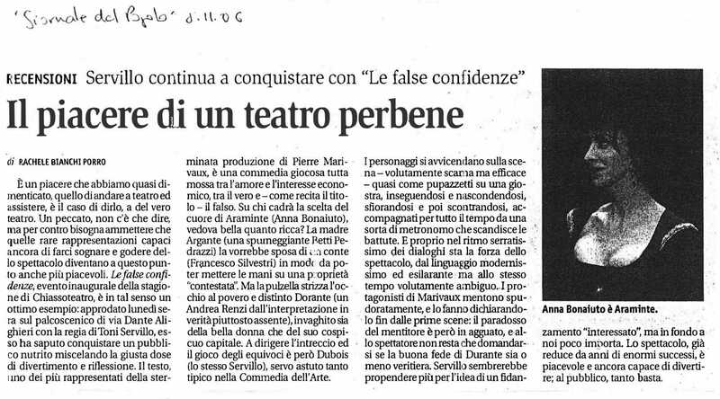 1998 : Le false confidenze (Toni Servillo), Revue de presse (Reprise 2005-2007)