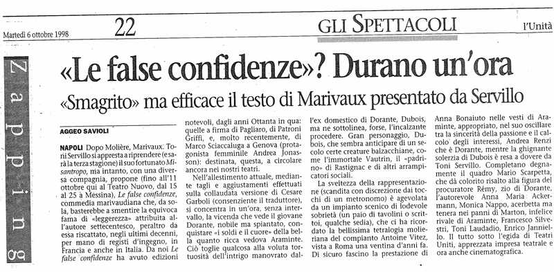 1998 : Le false confidenze (Toni Servillo), Revue de presse