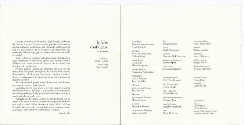 1998 : Le false confidenze (Toni Servillo), Programme 1998