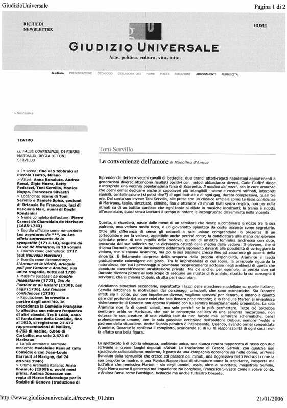 1998 : Le false confidenze (Toni Servillo), Revue de presse (Reprise 2005-2007)