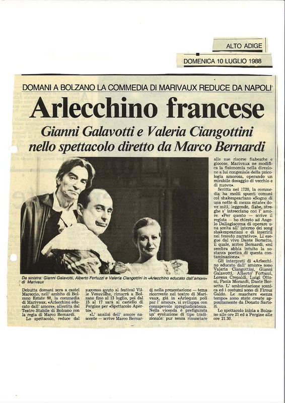 1988 : Arlecchino educato dall’amore (Marco Bernardi) revue de presse (reprises)