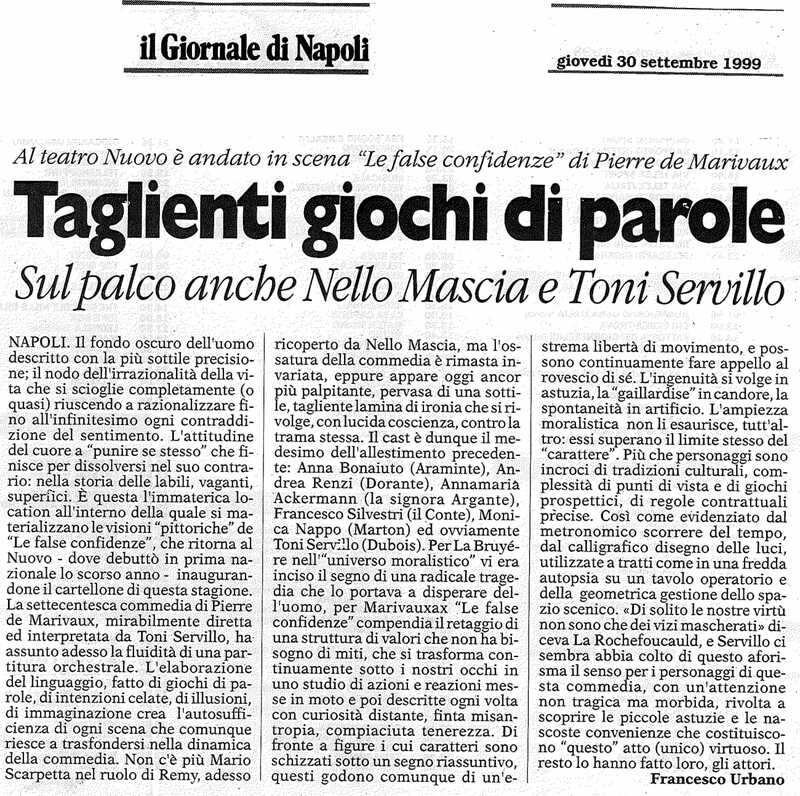 1998 : Le false confidenze (Toni Servillo), Revue de presse