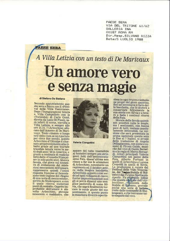 1988 : Arlecchino educato dall’amore (Marco Bernardi) revue de presse