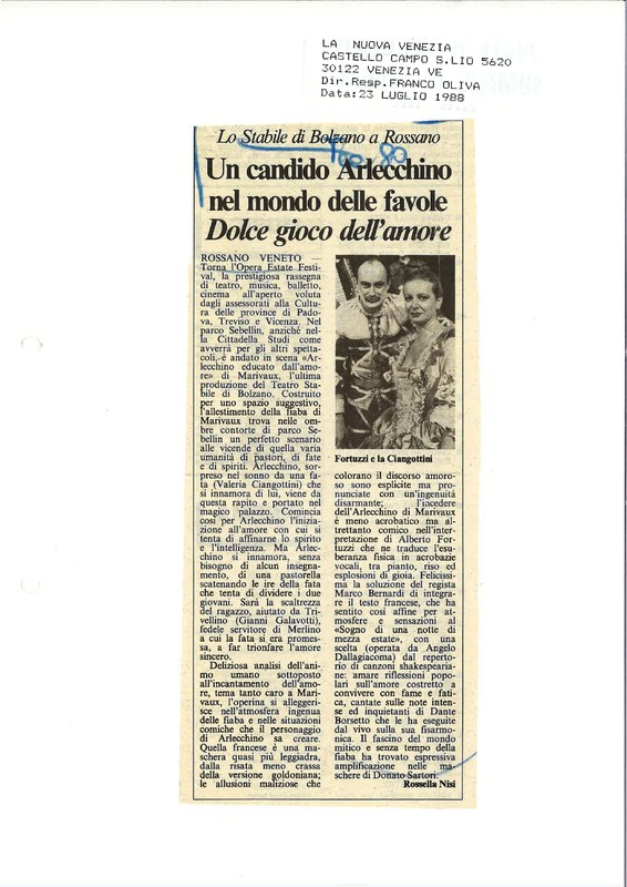 1988 : Arlecchino educato dall’amore (Marco Bernardi) revue de presse (reprises)