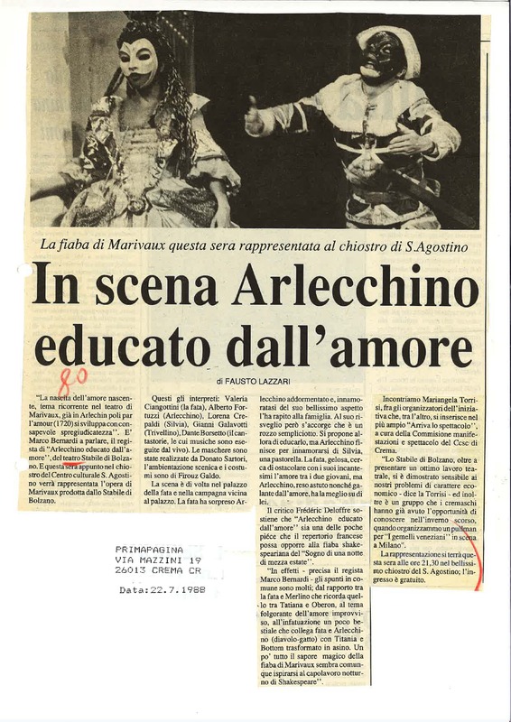 1988 : Arlecchino educato dall’amore (Marco Bernardi) revue de presse (reprises)