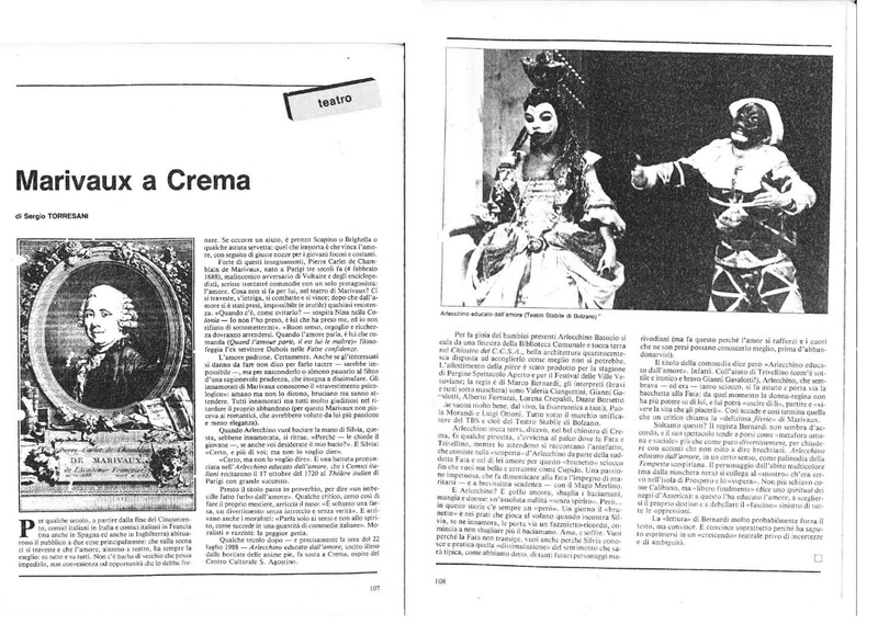 1988 : Arlecchino educato dall’amore (Marco Bernardi) revue de presse (reprises)