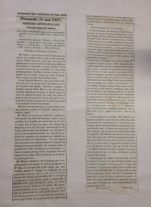1857 : Le false confidenze, Revue de presse