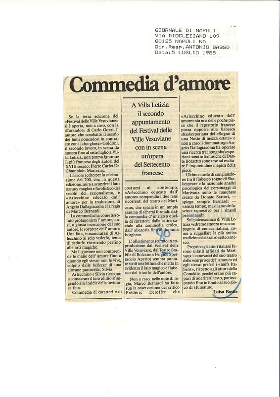 1988 : Arlecchino educato dall’amore (Marco Bernardi) revue de presse
