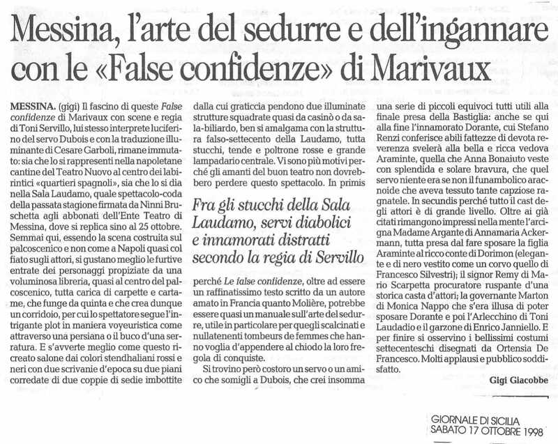 1998 : Le false confidenze (Toni Servillo), Revue de presse