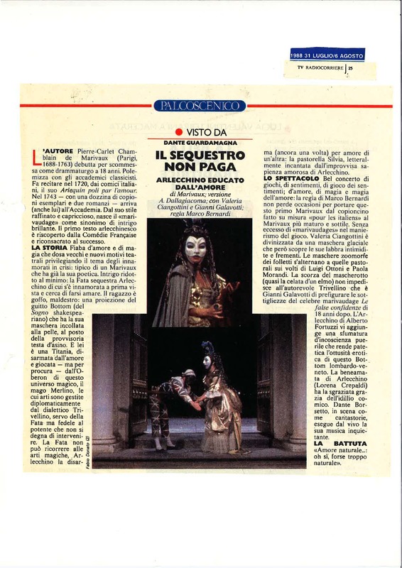1988 : Arlecchino educato dall’amore (Marco Bernardi) revue de presse