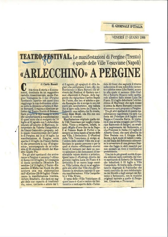1988 : Arlecchino educato dall’amore (Marco Bernardi) revue de presse