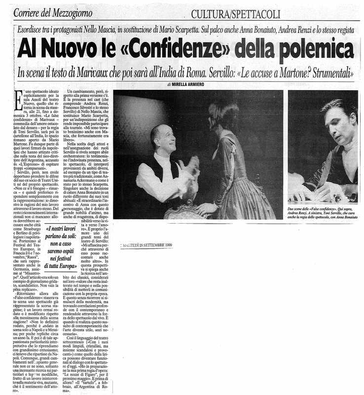 1998 : Le false confidenze (Toni Servillo), Revue de presse