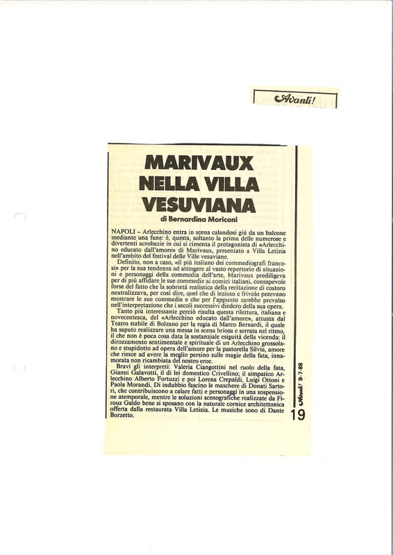 1988 : Arlecchino educato dall’amore (Marco Bernardi) revue de presse