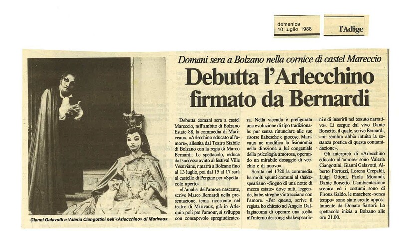 1988 : Arlecchino educato dall’amore (Marco Bernardi) revue de presse (reprises)