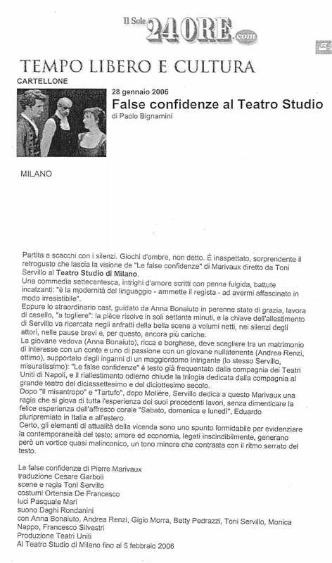 1998 : Le false confidenze (Toni Servillo), Revue de presse (Reprise 2005-2007)