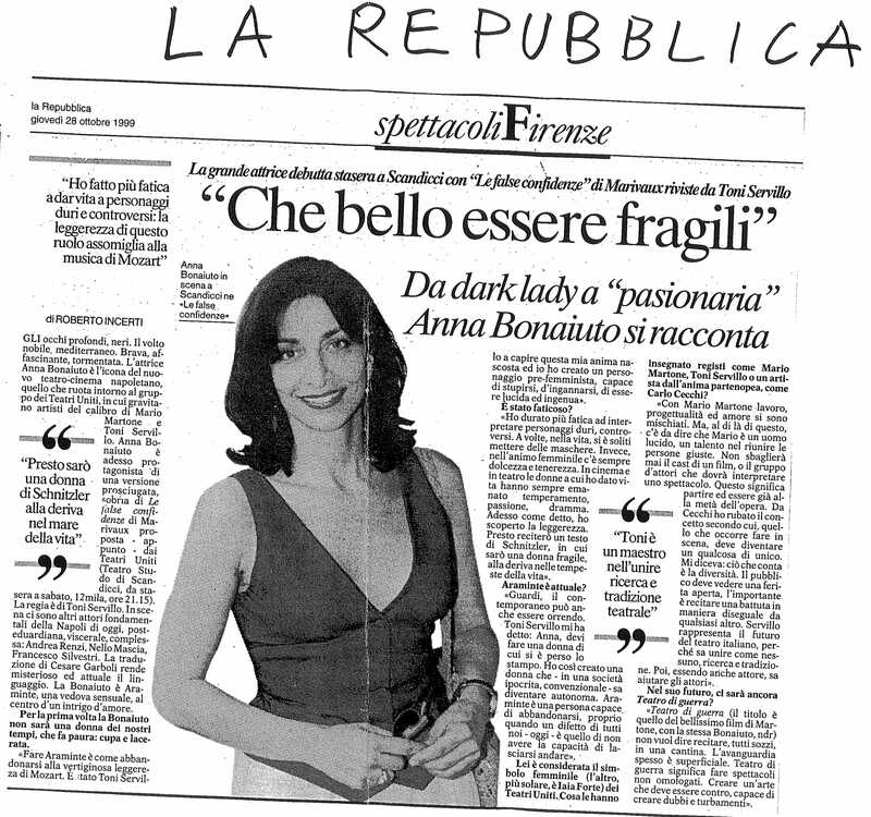 1998 : Le false confidenze (Toni Servillo), Revue de presse