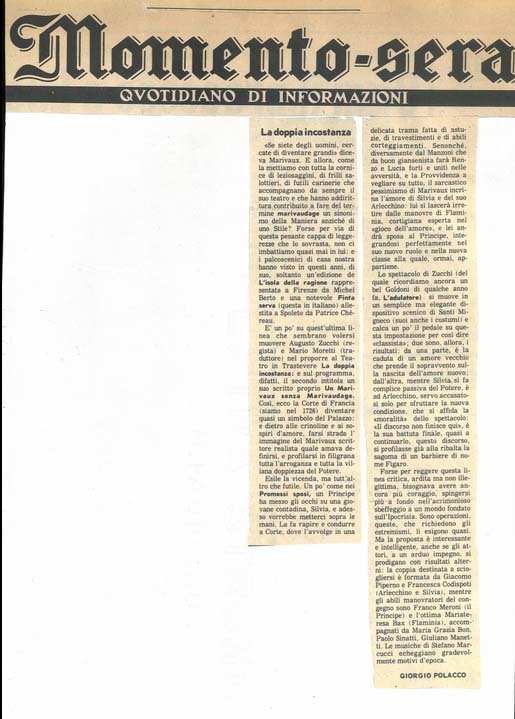 1976 : La doppia incostanza, Revue de presse