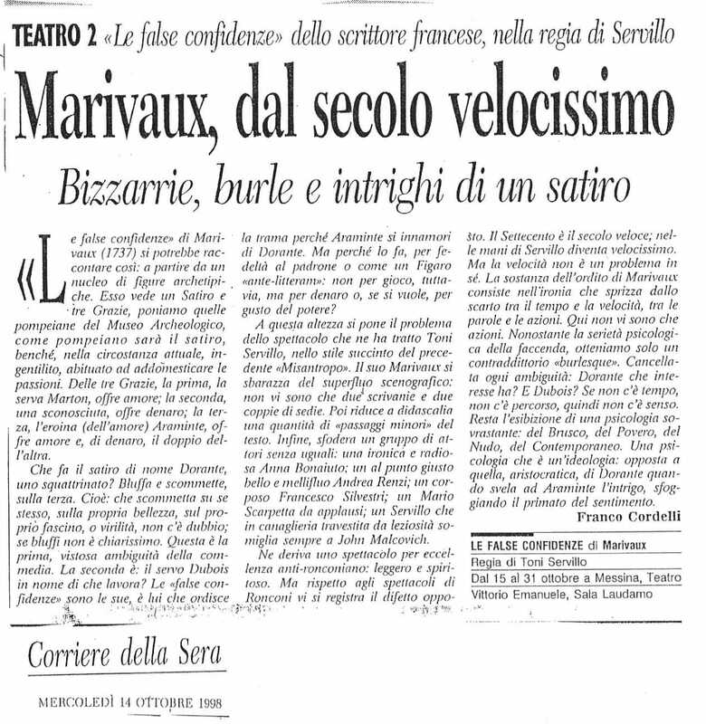 1998 : Le false confidenze (Toni Servillo), Revue de presse