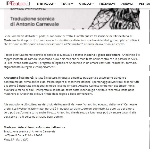 2016 : Arlecchino trasformato dall’amore(Antonio Carnevale) revue de presse