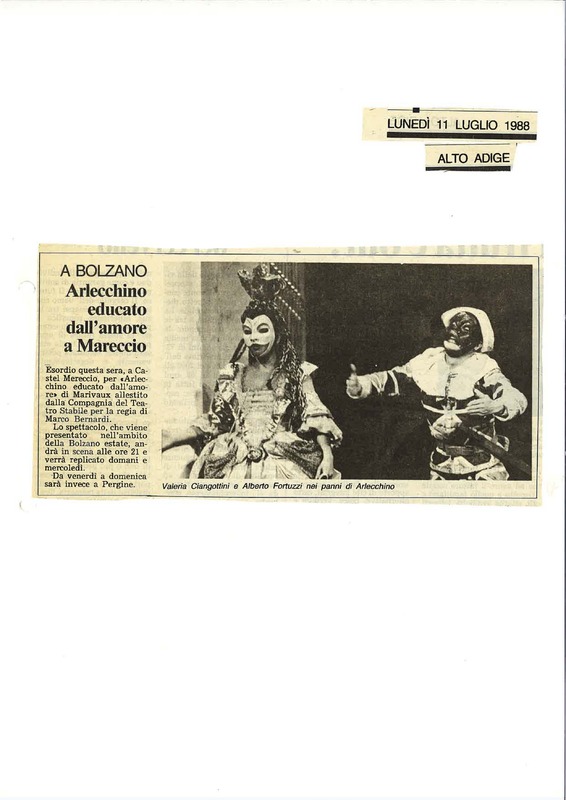 1988 : Arlecchino educato dall’amore (Marco Bernardi) revue de presse (reprises)