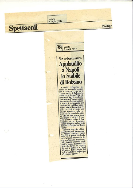 1988 : Arlecchino educato dall’amore (Marco Bernardi) revue de presse