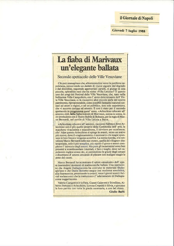 1988 : Arlecchino educato dall’amore (Marco Bernardi) revue de presse