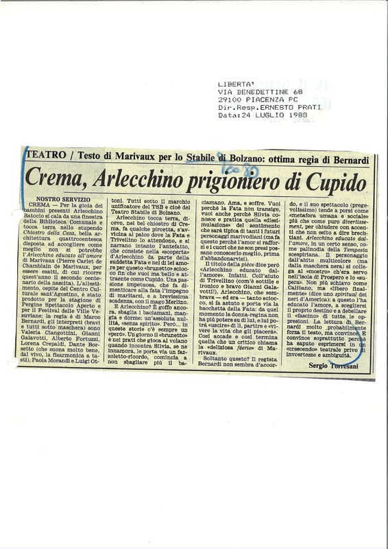 1988 : Arlecchino educato dall’amore (Marco Bernardi) revue de presse (reprises)