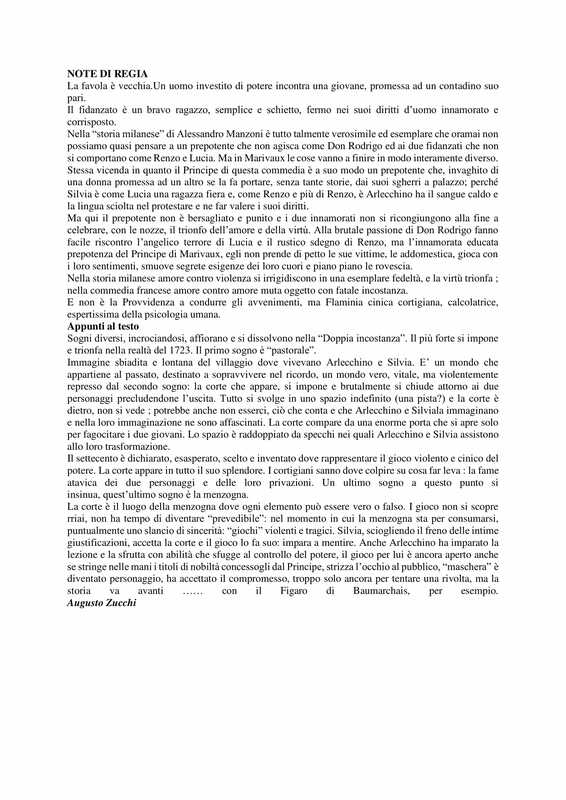1976 : La doppia incostanza, Notes de mise en scène