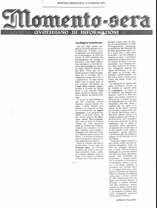 1976 : La doppia incostanza, Revue de presse