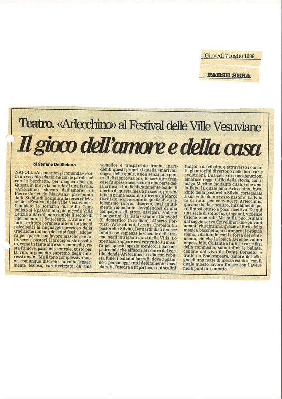 1988 : Arlecchino educato dall’amore (Marco Bernardi) revue de presse